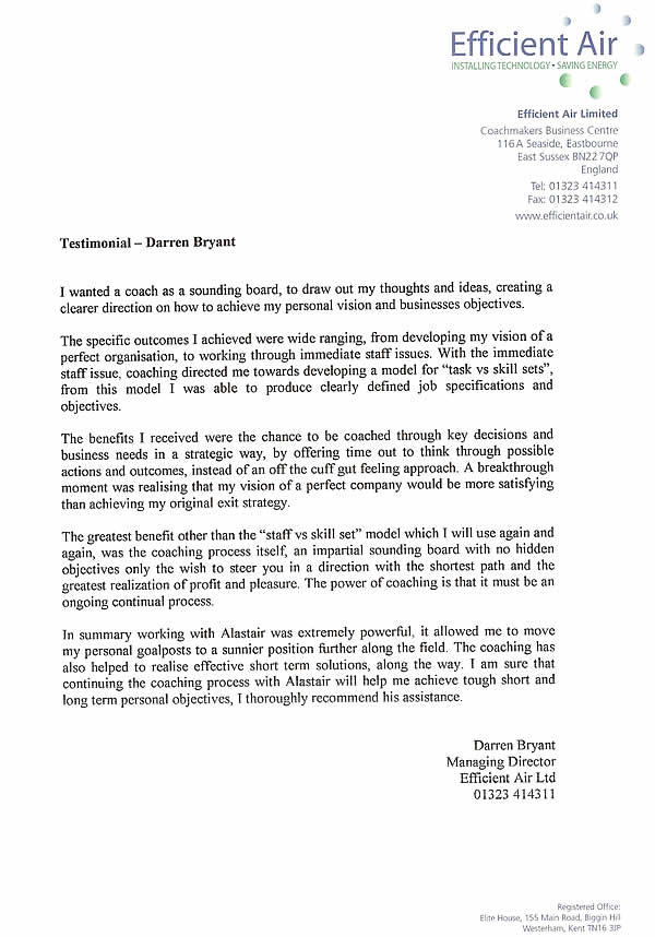 Scan of testimonial from Darren Bryant, MD of Efficient Air Ltd