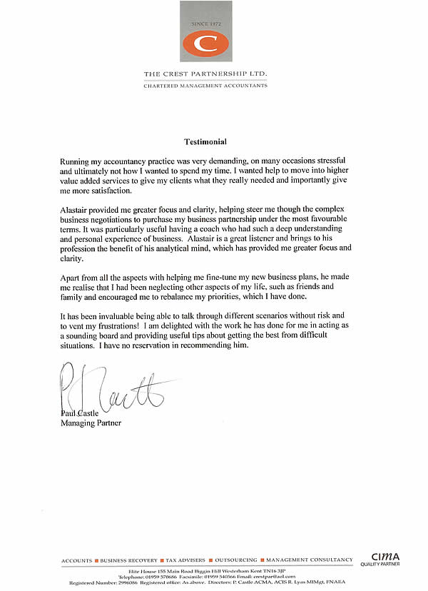 Scan of testimonial from Paul Castle, Managing Partner of The Crest Partnership